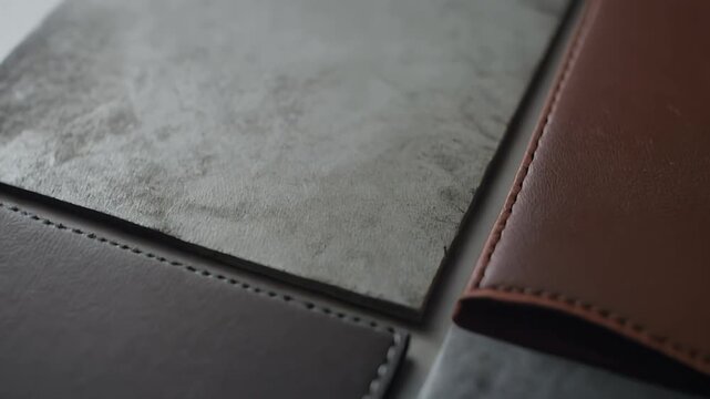Close up of leather materials with stitching and brick texture on wood