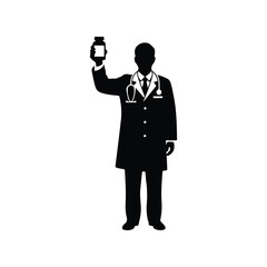 Doctor Holding Medicine Bottle Black Silhouette
