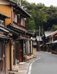 Ine Fishing Village, Kyoto prefecture, Japan, Ine-ura landscape coastal view, Funaya, traditional wooden boat houses, Ine Bay during boat tour cruise, Yoza District, in a autumn fall day