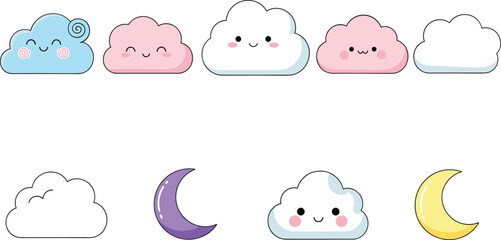 Obraz premium Cute cartoon clouds and crescent moons vector illustration sky weather elements collection