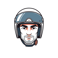 Man wearing a retro motorcycle helmet with visor, close-up portrait