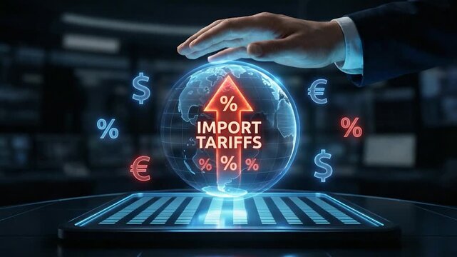 The globe shows a visual representation of import tariffs, with an upward arrow symbolizing rising costs, a concept presented over a technological interface.