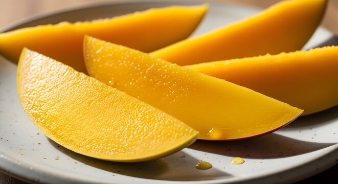 Vibrant, juicy slices of ripe yellow mango are artfully presented on a speckled ceramic plate, showcasing their sweet, tropical texture ready for eating.