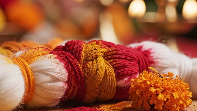 Vibrant Threads of Red Yellow and White Yarn Bundles Adorned with Colorful Powders and Soft Bokeh Lights Create a Festive Atmosphere