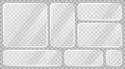 Fototapeta na wymiar Glass frames collection. Realistic glass frames with borders, glare, light reflections, and transparent texture. Glassmorphism UI design elements for modern apps, dashboards and web interfaces. Vector