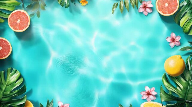Buon Ferragosto Italy summer festival scene with tropical leaves, citrus fruits, on a poolside background. Bright seasonal illustration for banner, flyer, invitation, brochure