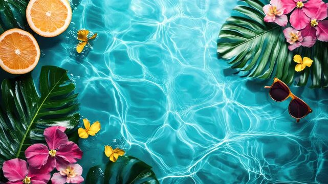 Buon Ferragosto Italy summer festival scene with tropical leaves, citrus fruits, on a poolside background. Bright seasonal illustration for banner, flyer, invitation, brochure. 