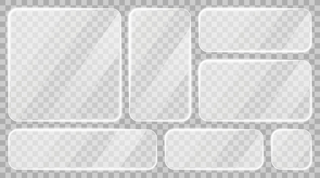 Glass frames collection. Realistic glass frames with borders, glare, light reflections, and transparent texture. Glassmorphism UI design elements for modern apps, dashboards and web interfaces. Vector