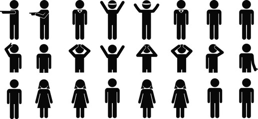 Large collection of stick figure person icons in various poses, including pointing, cheering, and standing, diverse human body language vector silhouettes. (22 words) © Shihab Creative