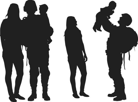 Emotional silhouette of a soldier returning home from deployment reuniting with wife and children showing the sacrifice and love of military families during a heartwarming homecoming AI Generative
