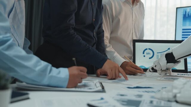 A corporate team leveraging AI-driven tools to track business trends, refine strategic planning, and optimize financial forecasting. Noogenesis AI