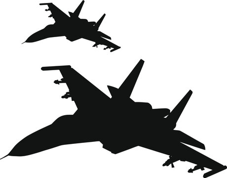 Silhouette of two modern military fighter jets flying in formation during a combat mission representing air force power national defense and advanced aviation technology AI Generative
