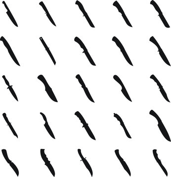 Set of black silhouettes featuring various tactical hunting and survival knife blades isolated on white background, sharp weapon icons for military defense and outdoor equipment. AI Generative
