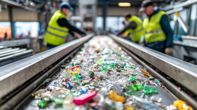 Workers in reflective vests sorting mixed plastic waste on a conveyor belt inside a modern recycling facility for efficient material recovery and sustainability