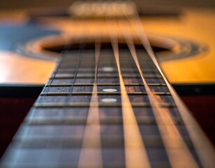 Macro shot of acoustic guitar strings and wooden fretboard with warm ambient lighting
