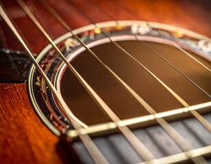 Macro shot of acoustic guitar strings and wooden fretboard with warm ambient lighting