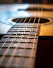 Macro shot of acoustic guitar strings and wooden fretboard with warm ambient lighting