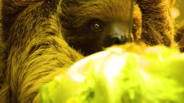 Close up of sloth head eating lettuce upside down. ina shady tree