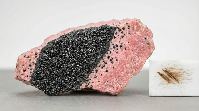 Black granular hausmannite crystals with tetragonal bipyramidal habit on pink rhodonite matrix.