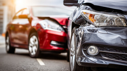 Damaged front of a dark sedan car with crumpled fender after a rear-end collision with a red vehicle on a city street under warm sunlight
