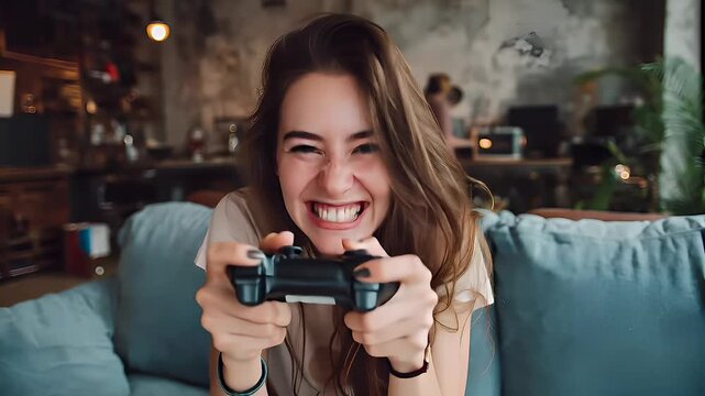 Fun gaming entertainment. A woman sitting on a couch, holding a video game controller in her hands. The room is illuminated by a light source, and the background is slightly blurred.