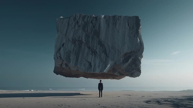 Solitary figure beneath floating monolith