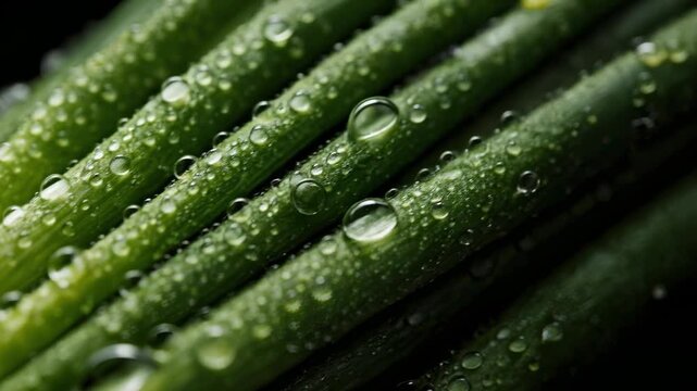 Macro shot of freshly washed green onions, also known as scallions, slowly rotating against a dark background, with sparkling dew drops covering the vibrant green stalks