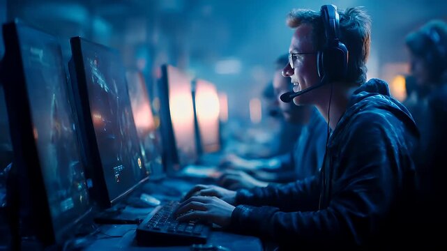 Fun gaming entertainment. A man wearing glasses, a hoodie, and headphones, intently focused on gaming on a computer in a dimly lit room illuminated by a blue light.