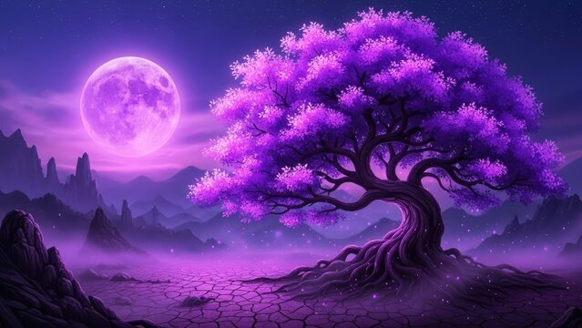Mystical purple tree glowing under full moon in magical landscape