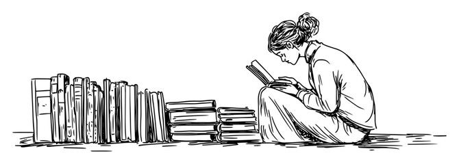 girl reading book next to stack of books