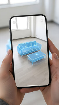 Hands holding a smartphone displaying augmented reality furniture in an empty room for home interior design planning