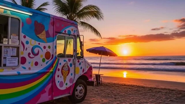 Colorful ice cream truck parked on a sandy beach at sunset with ocean waves in the background.