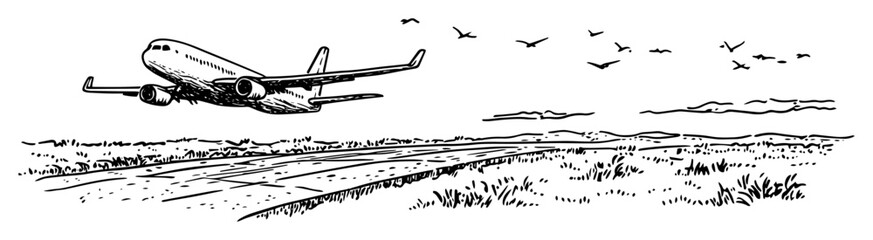 passenger airplane taking off with birds in sky © Kaz