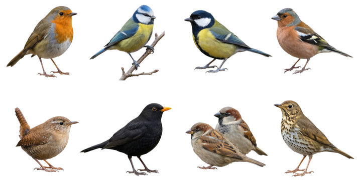 set of common spring garden birds like robin and tit isolated on a transparent background