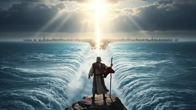 AI-generated cinematic video depicting Moses parting the Red Sea, illustrating the biblical miracle of Exodus and the theme of faith and deliverance.