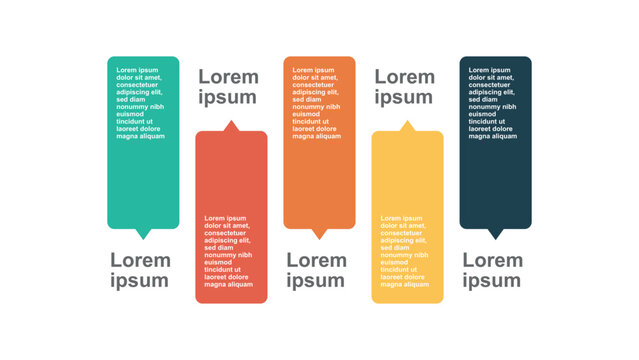 Modern Professional Infographic Template Featuring Five Colorful Vertical Step Banners with Speech Bubble Pointer Arrows and Placeholder Lorem Ipsum Text for Business Process Flow