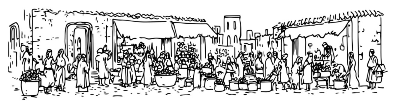 bustling ancient market with townspeople