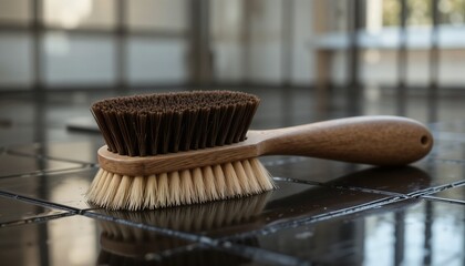 Side view of a vintage-style boar-bristle brush on glossy black square tiles