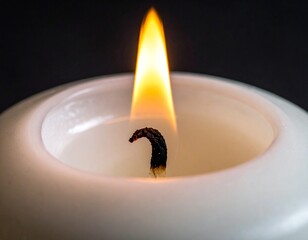 Macro shot of a single candle flame burning with a soft warm glow in the dark