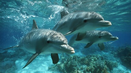 Obraz premium Dolphins Swim Together in Clear Water as They Move in Harmony Through Their Ocean Home Near a Coral Reef Together