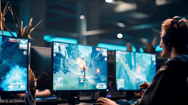 Fun gaming entertainment. A man wearing headphones and a jacket, intently focused on gaming, surrounded by monitors, keyboards, mouses, and other objects on a table.