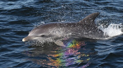 Naklejka premium Dolphin Surfaces to Breathe With Water Spray Creating Rainbow Colors Under Bright Sun During Daytime in Ocean Waters