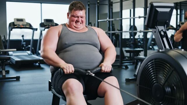 A person is engaged in intense exercise on a rowing machine in a spacious gym. The early morning light filters through, enhancing the determined atmosphere of the workout.
