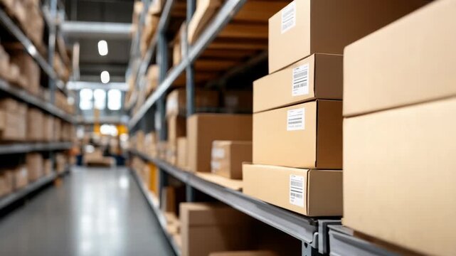 Warehouse shelves displaying cardboard boxes ready for shipment, showcasing industrial storage, logistics, and supply chain management for cargo and parcels