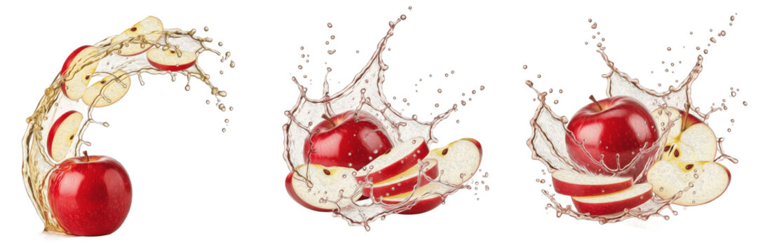 Fresh red apple with apple slices and juice splash explosion isolated on white background, high speed liquid splash photography, red apple juice concept for packaging and ads, Malus domestica PNG