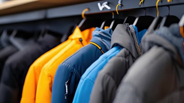 Colorful winter jackets and puffer coats hanging on a clothing rack in a retail store representing fashion, apparel shopping, and the new season's collection sale