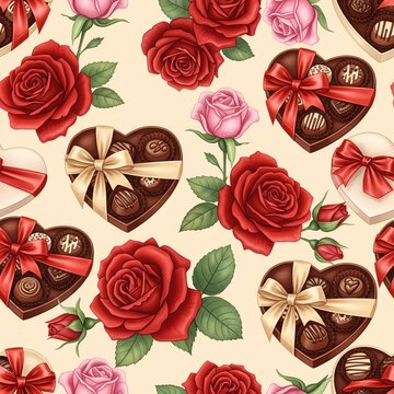 Patr&oacute;n sin costuras elegante de San Valent&iacute;n con rosas rojas y cajas de chocolates en forma de coraz&oacute;n