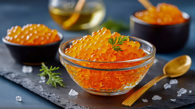 Close-up of gourmet salmon caviar in a tin with fresh dill on a dark slate surface, surrounded by additional tins of caviar and scattered salt crystals