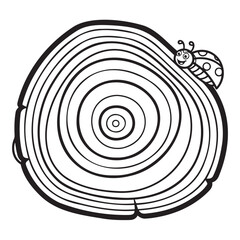 Coloring page: tree cross-section with growth rings and ladybug &mdash; ideal for nature education and forestry activity.