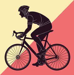 Naklejka premium Detailed black silhouette of a male cyclist wearing a helmet and riding a road bike in a fast racing pose, flat vector art